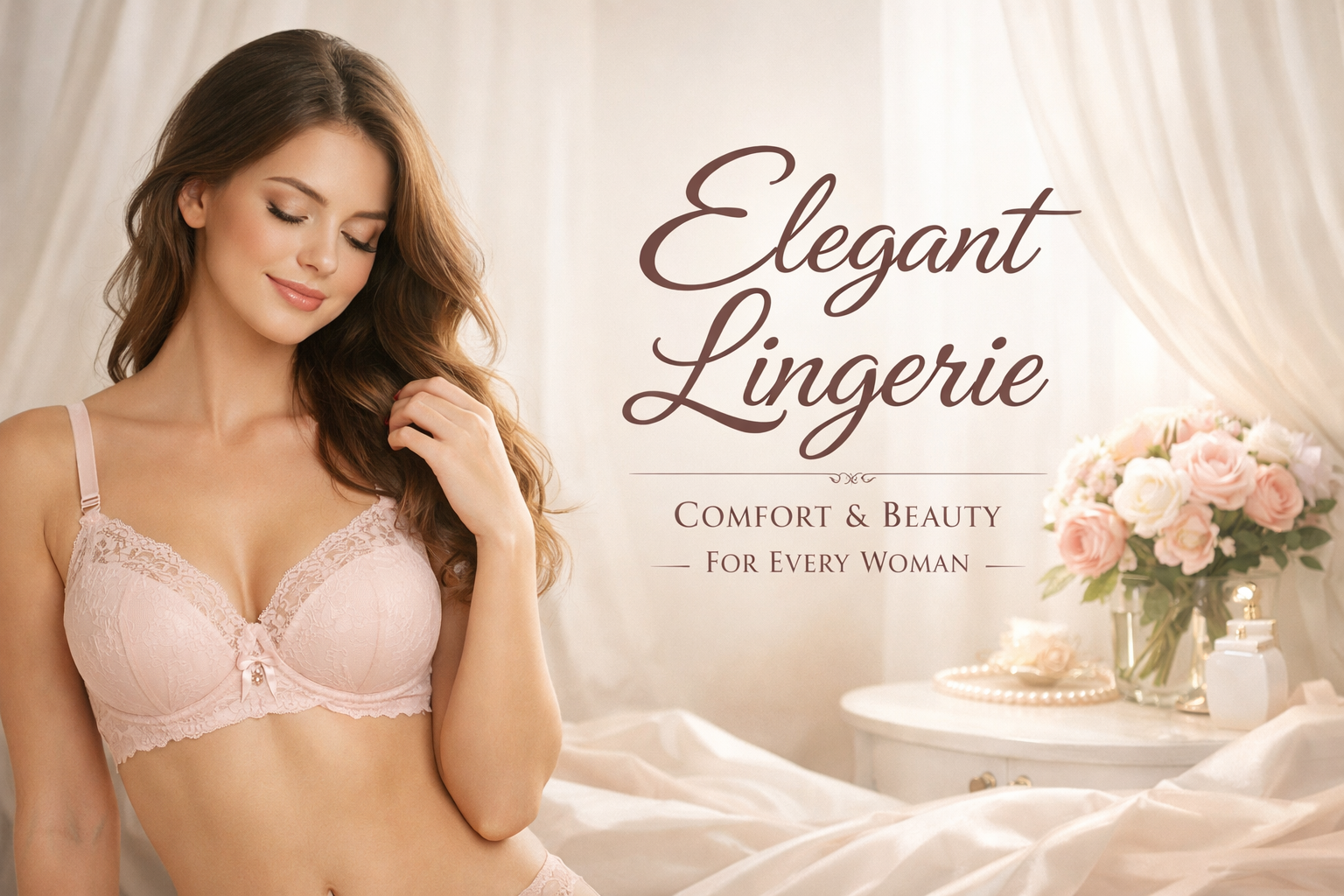 Woman wearing a pink bra with 'Elegant Lingerie' text and flowers in the background